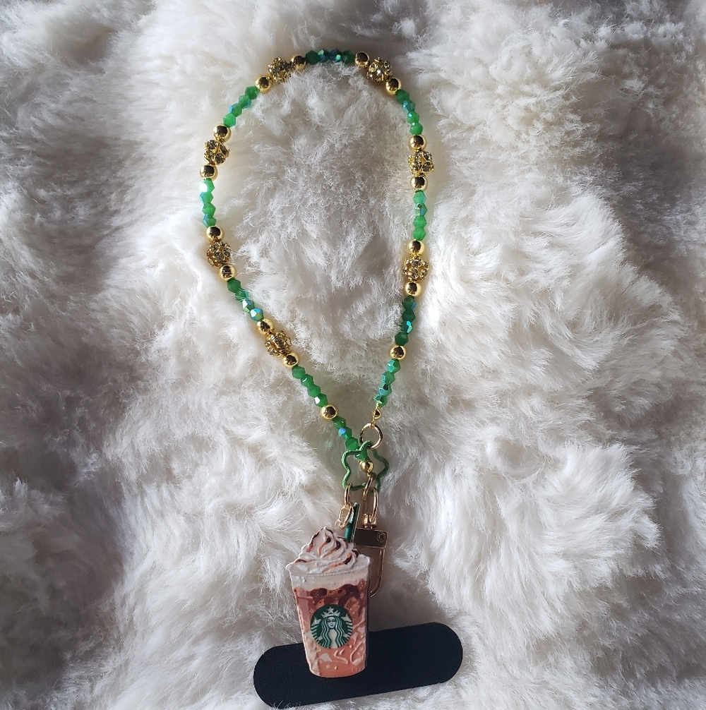 Green and Gold Beaded Phone Holder Keychain with Coffee Charm.
